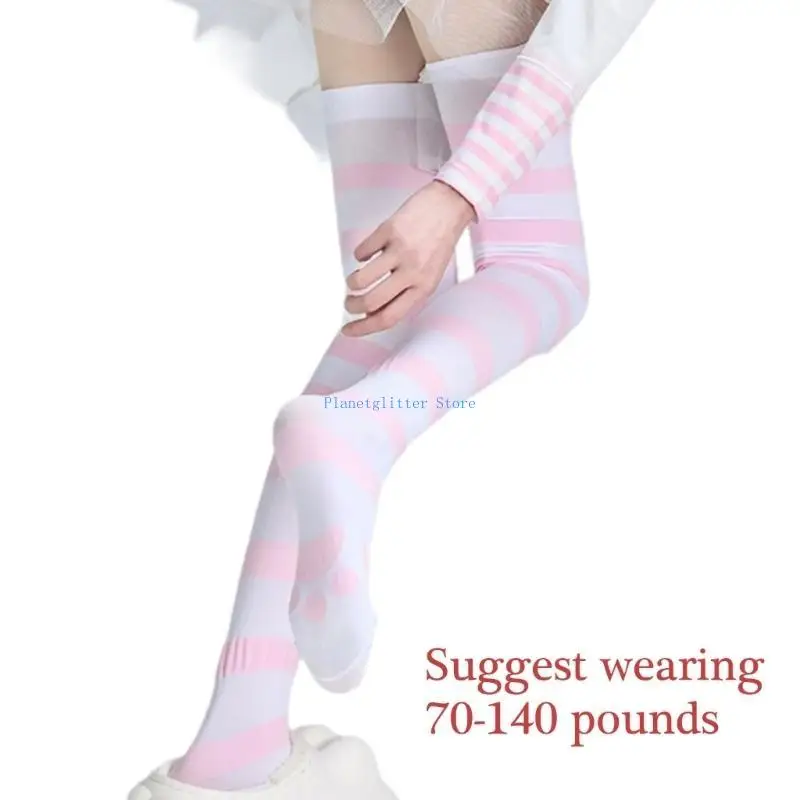 652B Women Japanese Striped Thigh High Stockings Anime Girl Cats Claw Print Over Knee Long Socks Cosplay Costume Hosiery