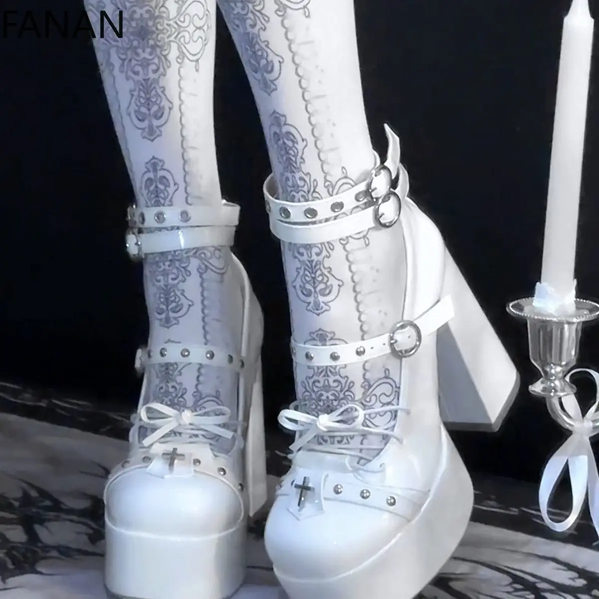 

White High Heels Pumps Women's Shoes Waterproof Table JK Shoes Gothic Bow Fashion Leather Height Increasing Shoes
