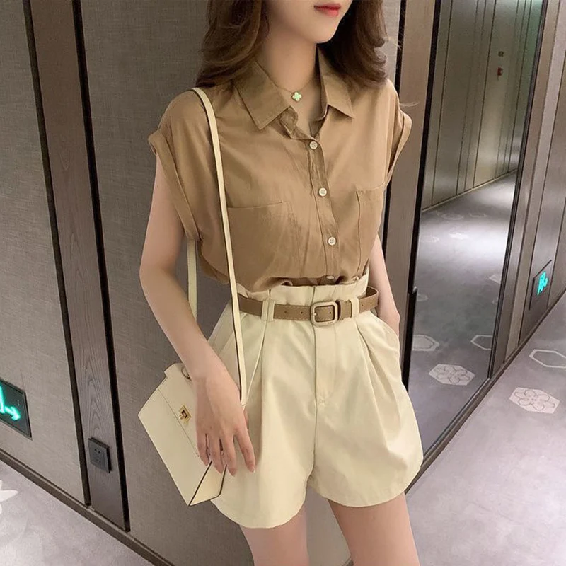 Summer Casual Fashion Women\'s Short Sleeve Shirt Solid Young Style Elegant Lady Commute Temperament Loose South Korea Style Top