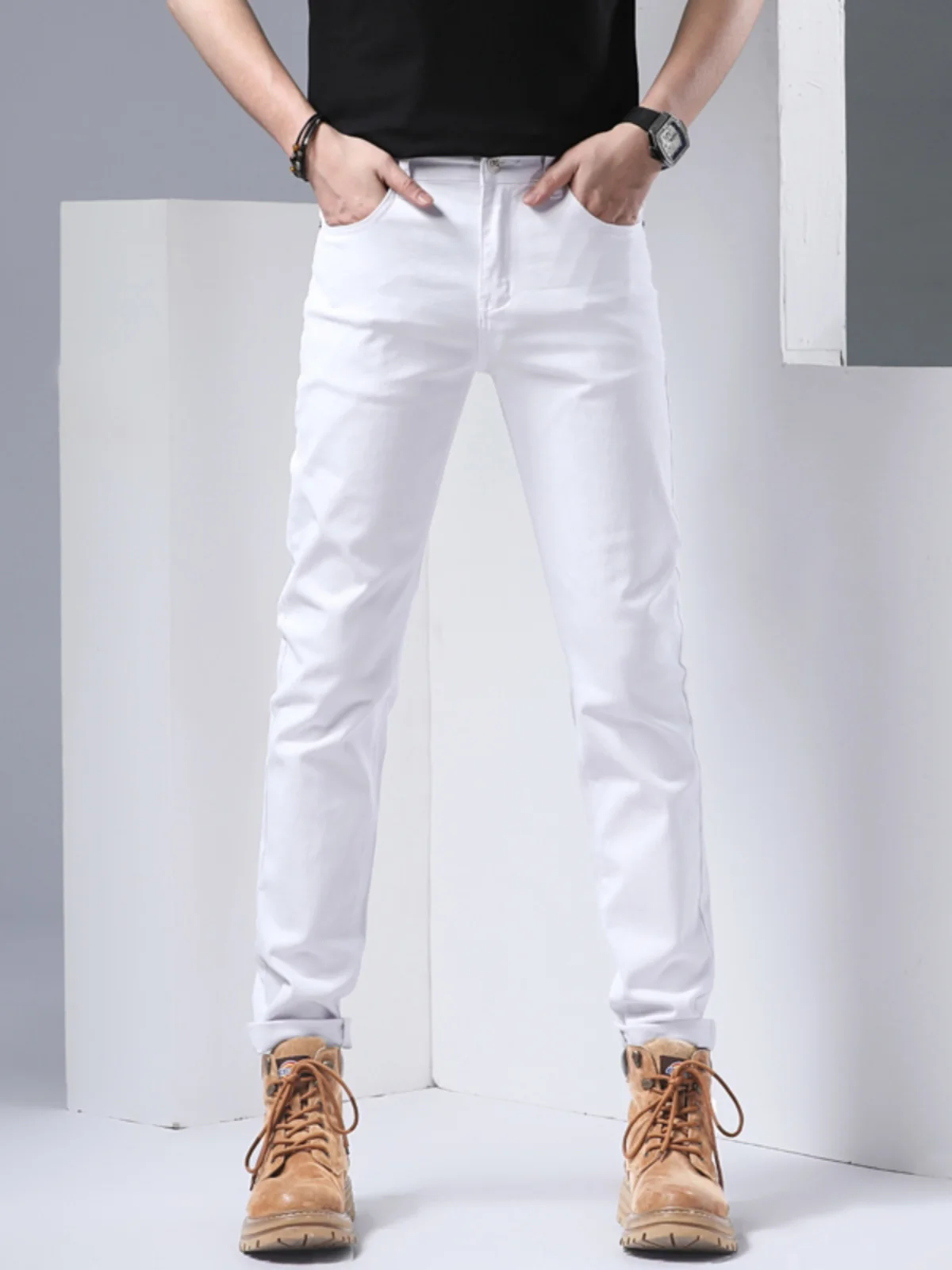 

Hong Kong High-End White Jeans Men's Trendy Korean Sle Slim Straight Casual Versatile Long Pants Cotton Stretch Denim