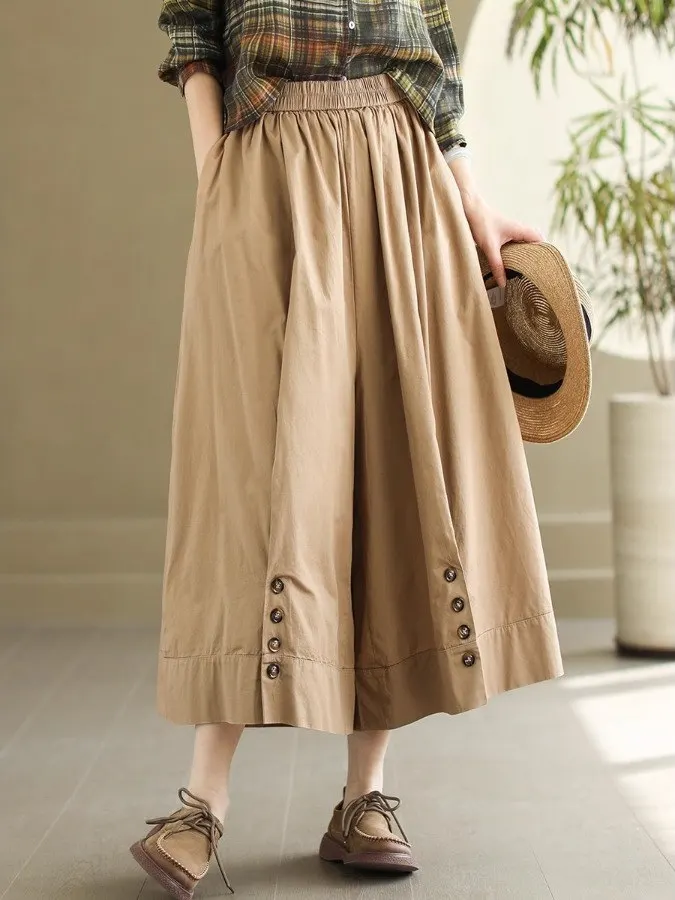 2023 Nieuwe Zomer Retro Artistieke Puur Katoen Casual Broek Vrouwen Elastische Taille Achttien Pendelen Wijde Pijpen Casual Rok Broek