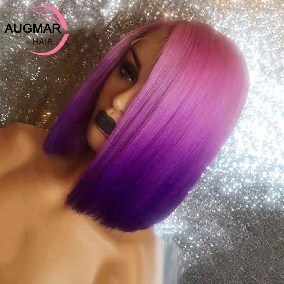 13x4 Purple Orange Ombre Bob Lace Front Wigs Pre Plucked 13x6 HD Lace Frontal Wig Blue Short Straight Human Hair Wigs For Women