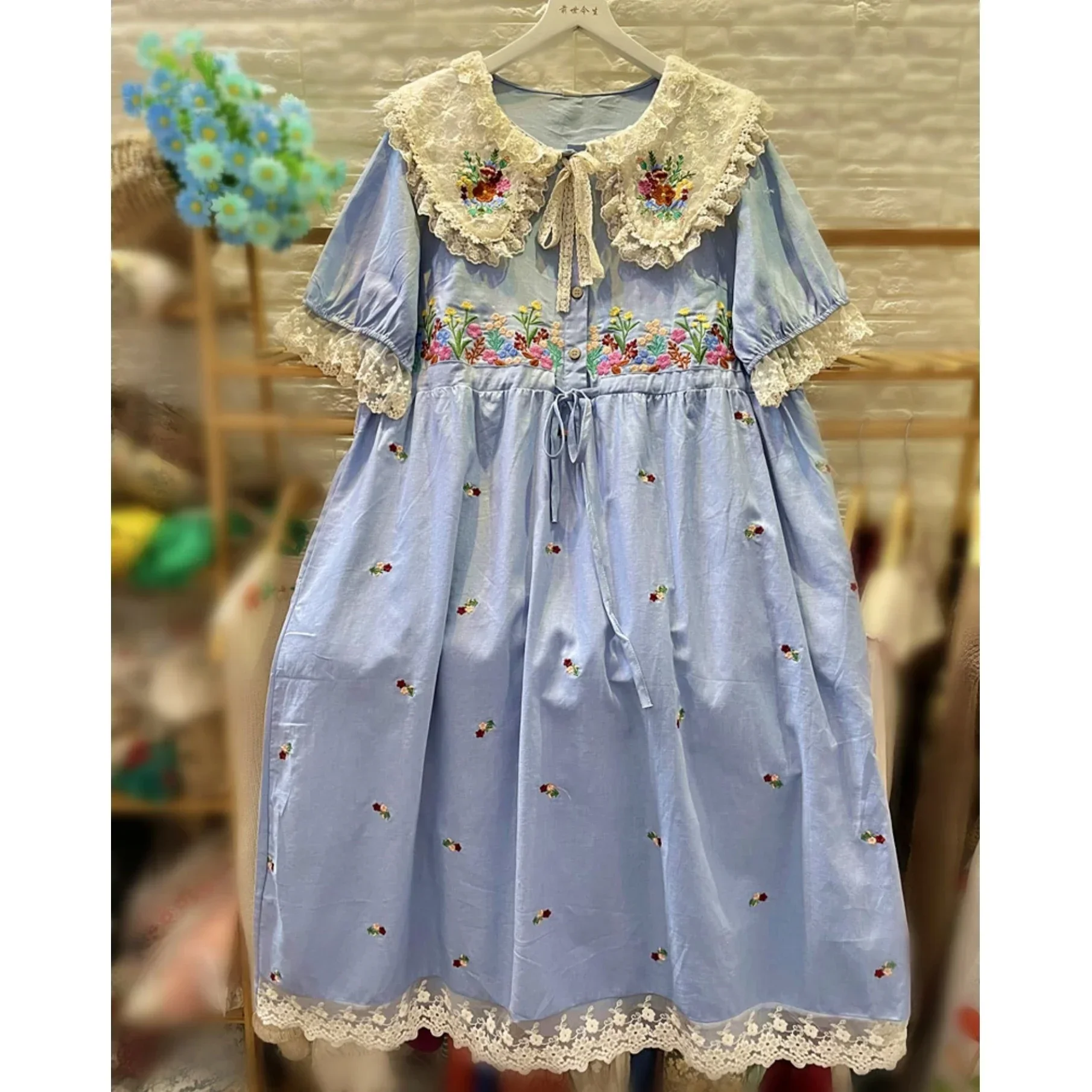 Floral Embroidery Cotton Ruffled Lace Blue Evening Long Midi Dress for Women Sweet Summer Rococo Vintage Retro Shabby Chic Dress