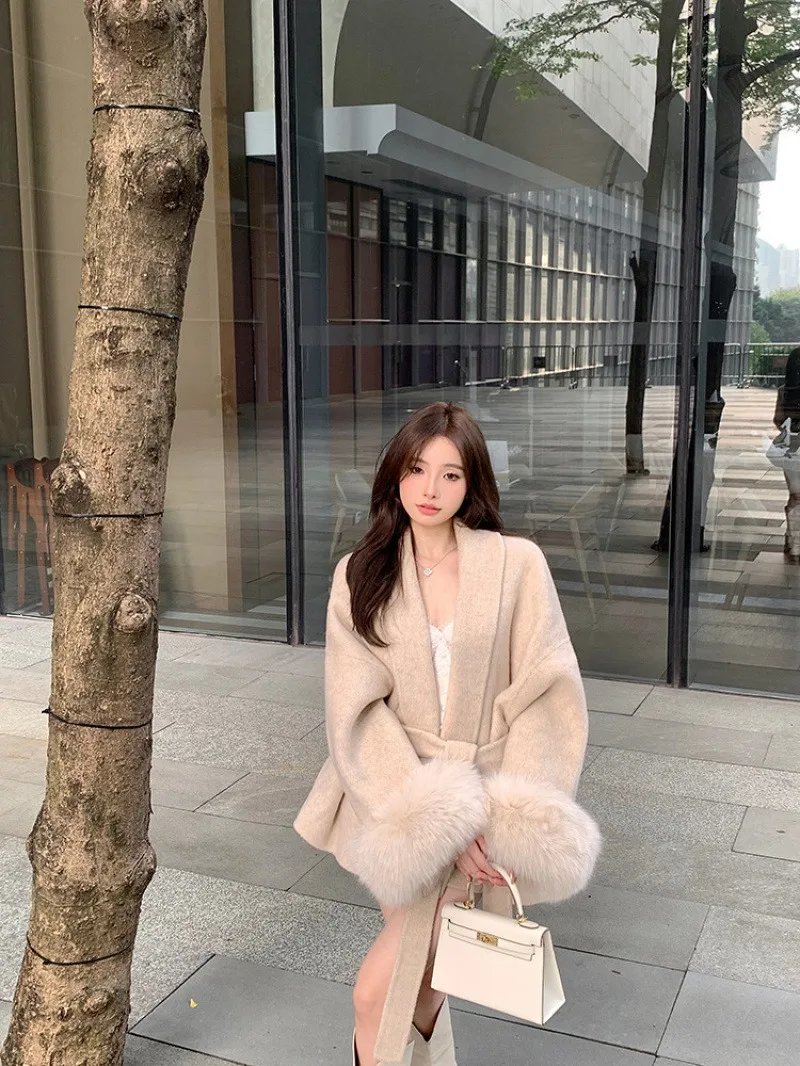 ベルト付きウエストグレーウールブレンドコート女性長袖ルーズミッドレングスオーバーコート秋冬ファッションアウター