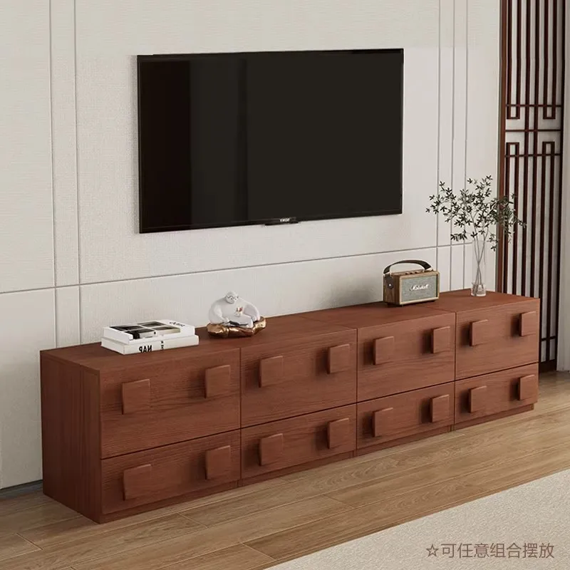 Solid wood TV cabinet antique living room home floor retro card door cabinet new TV side cabinet combination module