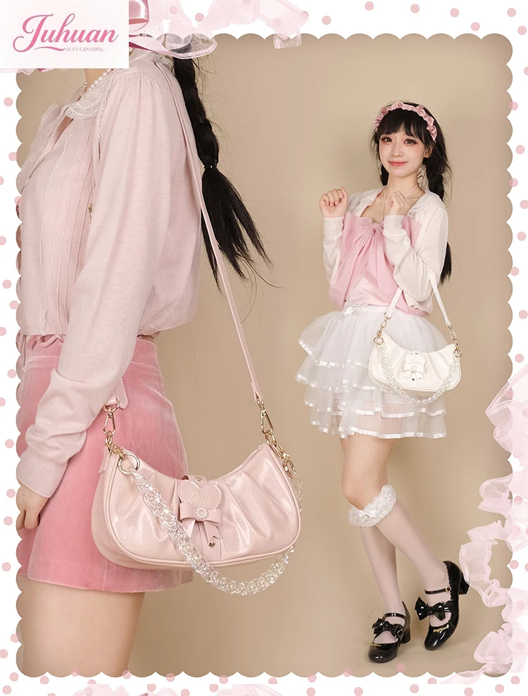 

Japanese sweet cute lolita bow love armpit bag women's fashion versatile commuter pu leather portable shoulder dumpling bags