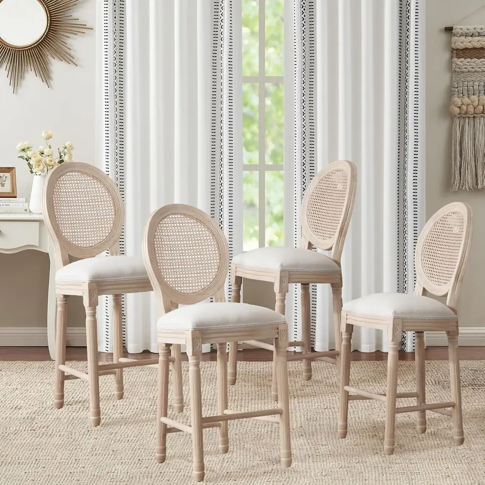 

Винтажные деревянные барные стулья, набор из 4 штук, высота 26 с ротанговой спинкой и льняным сиденьем, бежевый