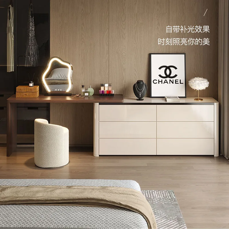 

Italian Minimalist Dresser Storage Cabinet Integrated Bedroom Derssing Table Nordic Ins Makeup Table Retractable with 6 Drawers