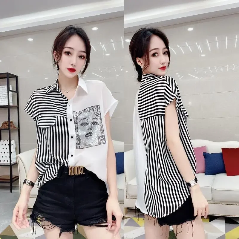 Korean Blouse Casual Graphic Women\'s T-shirt Summer Clothes Aesthetic Short Sleeve Pulover Fashion Midi Striped Tops Loose Shirt