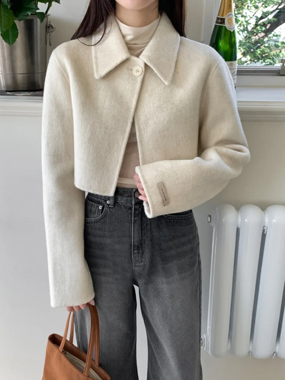 

Chic Autumnal ort Woolen Jaet with Collar And Single Button Design for Women Straight Cut Long Sve Pure Color Com...