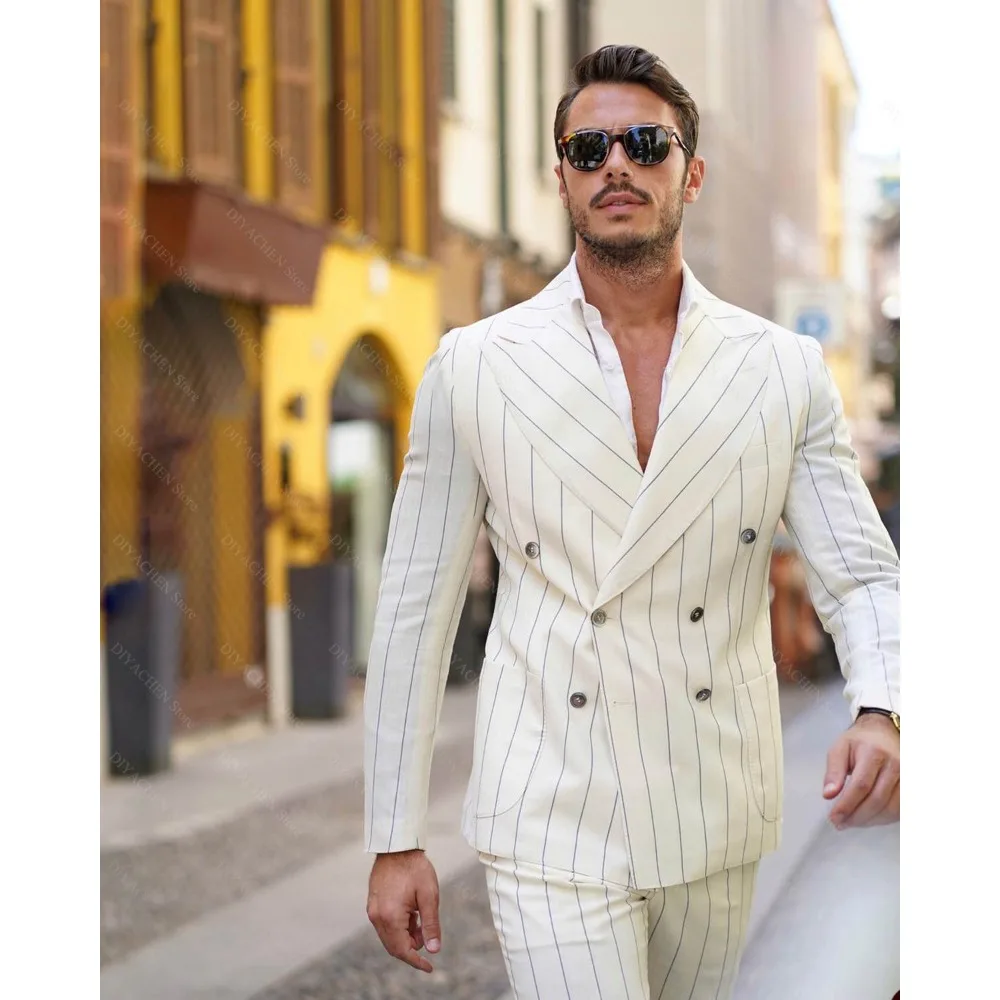 

Chic Blue Striped Men Suits White Peaked Lapel Double Breasted Wear Party Wedding Business Casual Office Male Suit Two Piece