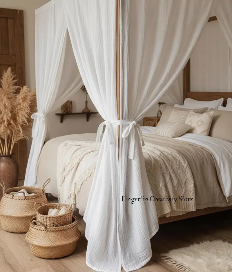 Gekräuselte 100% Baumwoll-Musselin Bettbaldachin-Paneele, Boho Schlafzimmer-Vorhänge, Weiche Atmungsaktive Vierpfosten-Bettvorhänge Wohnzimmerdekoration – Detail 4