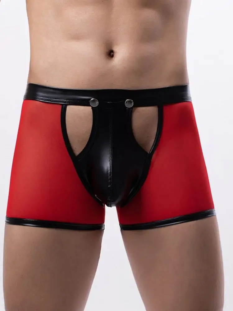 M-XXL Mesh Faux PU Leather Patchwork Convex Pouch Boxer Briefs Hollow Out Men Sexy Underwear Calzoncillo Boxershorts Trunks Ropa