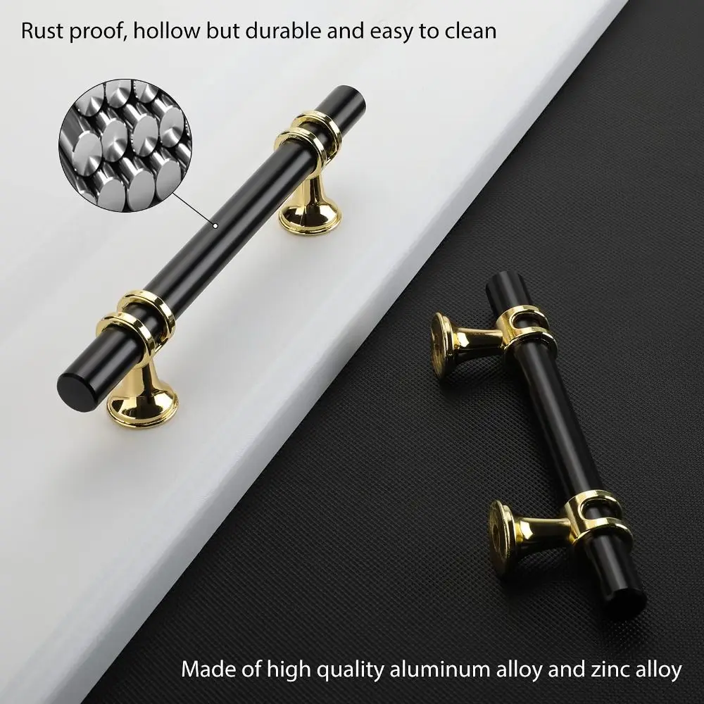 Zinc Alloy Cabinet Handles Gold Finish Black and Gold Drawer Pulls Ergonomic Furniture Hardware Wardrobe Handles