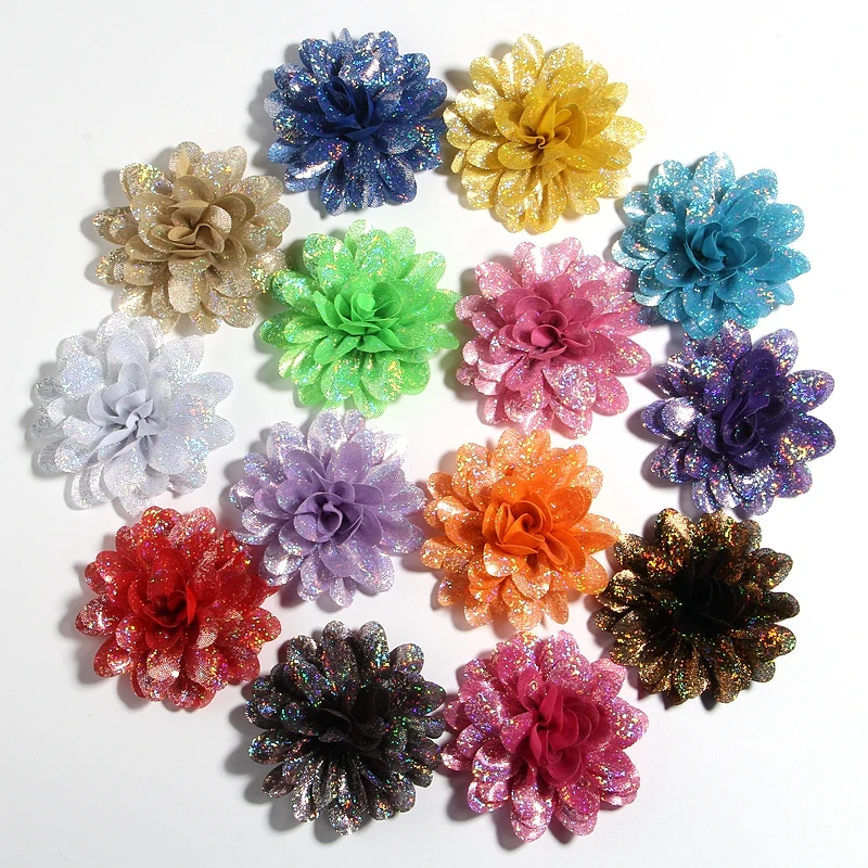 10 pçs 8cm 3.1 "nova flor de tecido metálico artificial para festa de casamento artesanato chiffon buquê de flores brilhantes para boutique de casamento