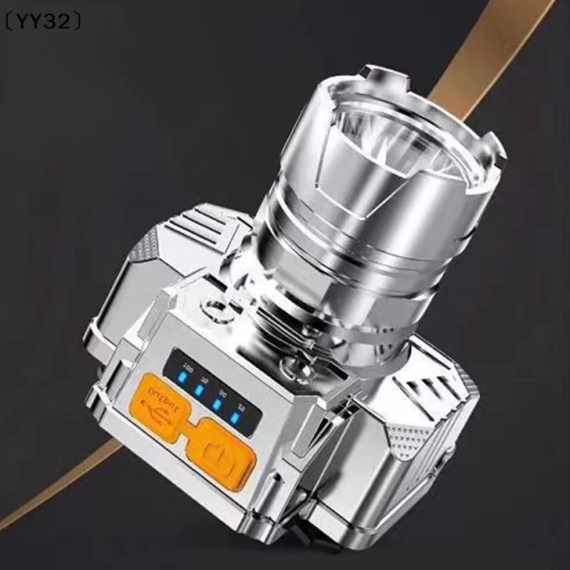 LED Head-mounted Flashlight Outdoor Waterproof Powerful Headlamp USB Rechargeable Camping Lantern with Power Display〔YY32〕