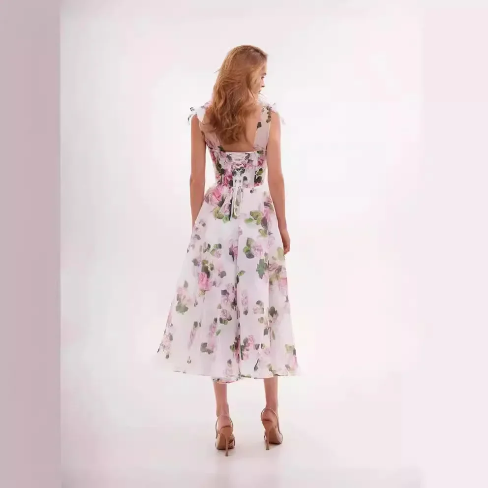 Frauen Frühling Sommer Kleid Druck Farbe V-ausschnitt Ärmellose Backless Volants Rand Casual Mode Sexy Komfortable Regelmäßige Kleid