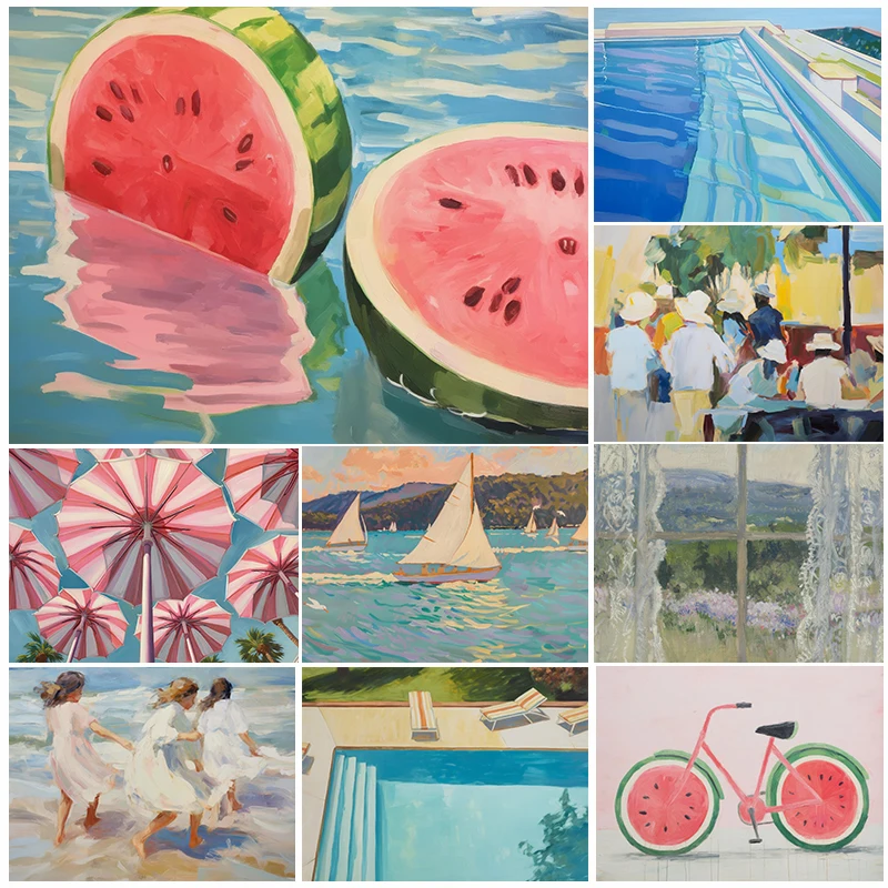 Pósteres De paisaje De verano Vintage suaves, impresiones De casa De playa Pop con piscina De sandía, pintura en lienzo, imagen De pared para el hogar y la sala De estar