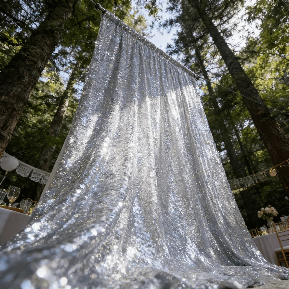 1PC High-End Cold Tone Mirror Silver Color Sequin Background Curtain, Easy Install Pole Bag, Indoor Outdoor Reusable Party Backd view 3