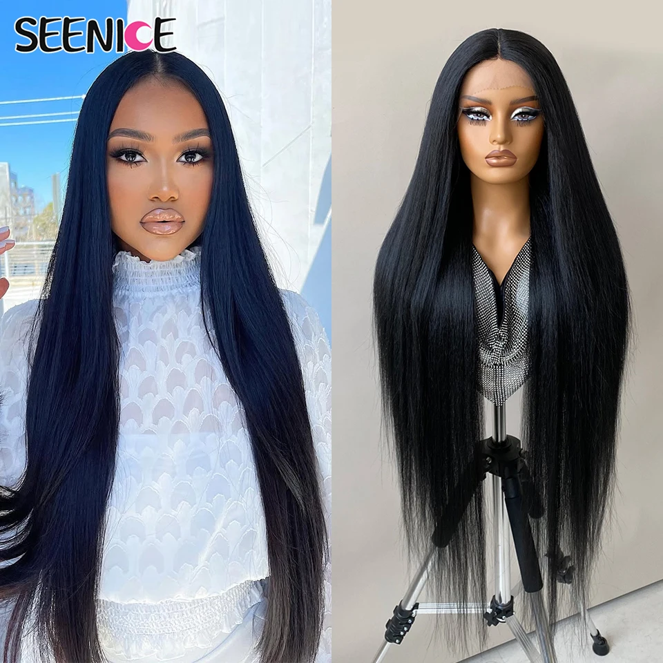 

Dark Brown 40Inch Straight Lace Front Wig Synthetic T-Part 13x4x1 Long Lace Wigs Heat-resistant Fiber Ombre Lace Frontal Wigs