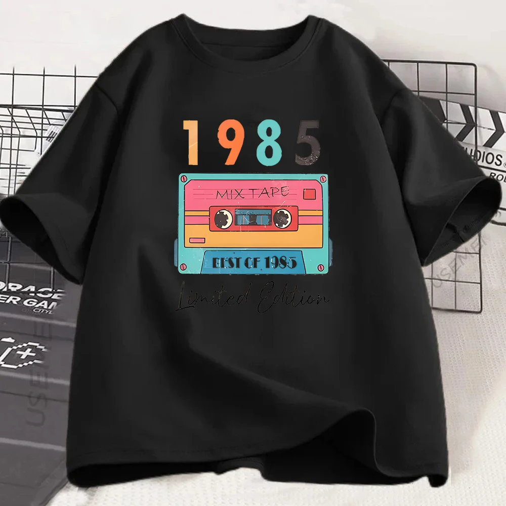 Vintage 1985 Mix Tape Graphic T-shirt Retro 80s Cassette Print Tee Summer Short Sleeve Birthday Gift Fashion Top for Women