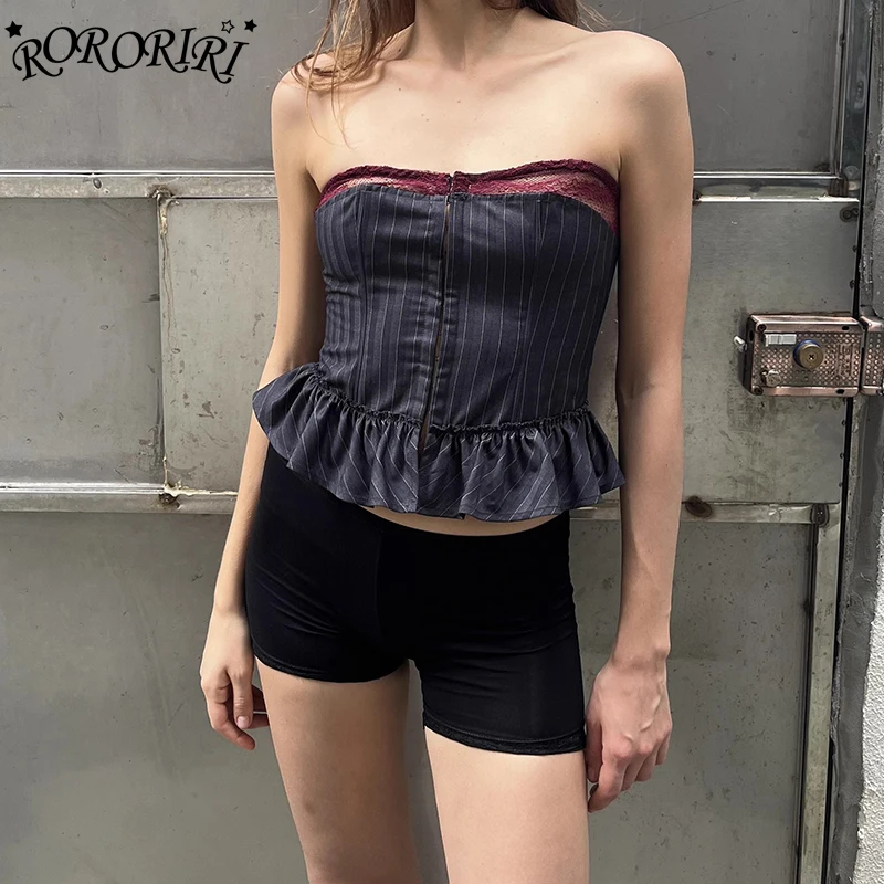 

RORORIRI Steampunk Lace-up Bustier Corset Women Hooks & Eyes Ruffle Lace Spliced Slim Fit Crop Tube Top Gothic Vintage Clothing