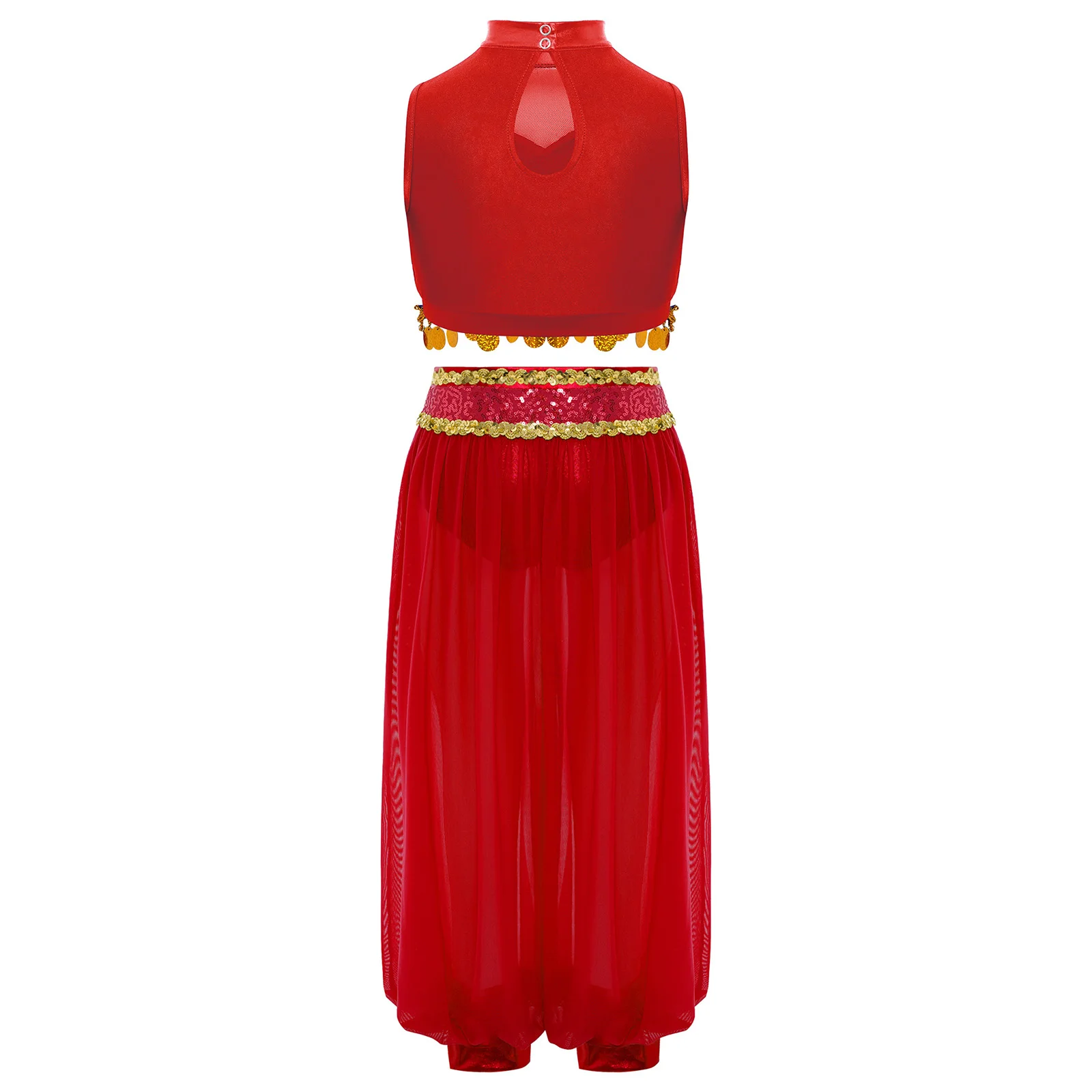 Arabisch buikdanskostuum voor kinderen Danskleding voor meisjes Mouwloze crop top met pailletten en mesh bloeiersbroek voor toneelvoorstellingen