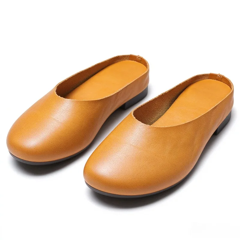 Designer Brand Genuine Leather Soft Sole Women's Slippers Elegant Round Toe Flat Shoes Comfortable Anti-slip Casual Office Mules