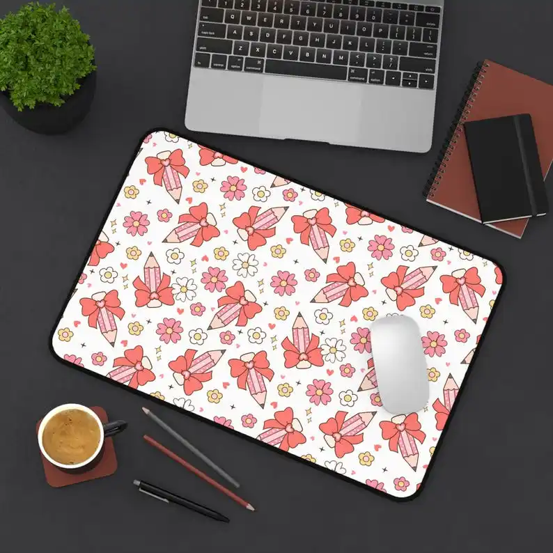 

Pink Pencil and Bow Mouse Pad, Non-Slip Waterproof Gaming Mouse Pad, Game Desk Decorative Mat,Perfect Gift for Stationery Lovers