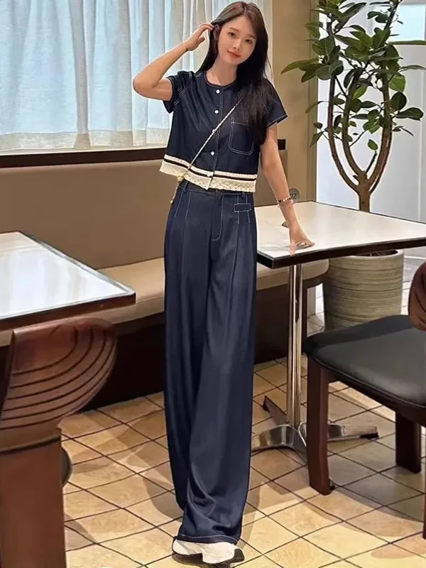 

Hong Kong Style Blue Casual Fashion Set Women Summer Trendy Splicing Lace Slim Short Sleeve Top Wide Leg Pants Two Piece Set