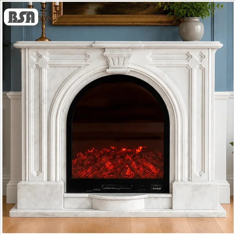 Classic Arched Marble Fireplace Mantel Geometric Molding Carved Stone Surround Home Living Room