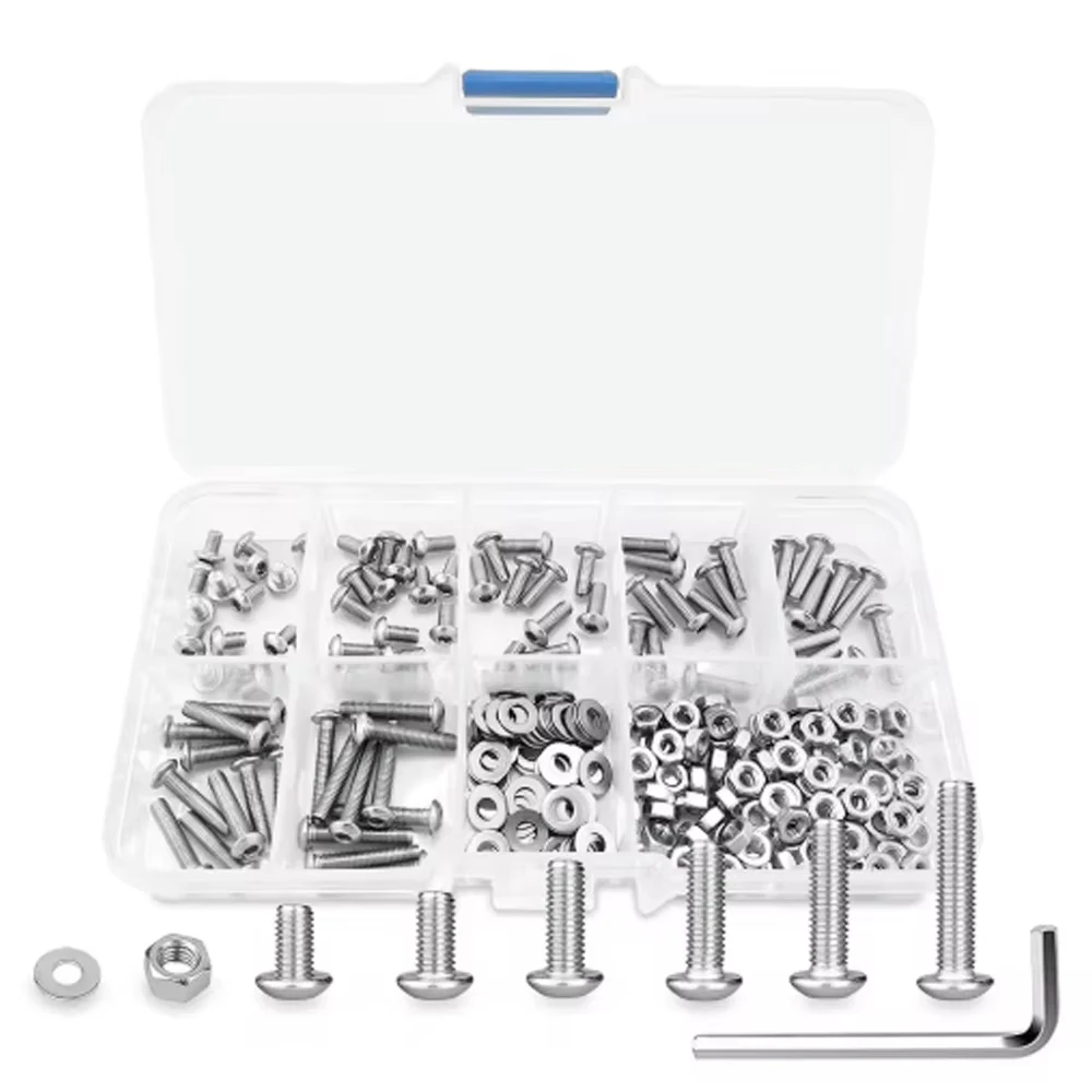 240Pcs M3 Hex Head Screws, M3x4/6/8/10/12/14/16mm Button Head Stainless Steel Internal Hexagon Screw Washer Nut Set