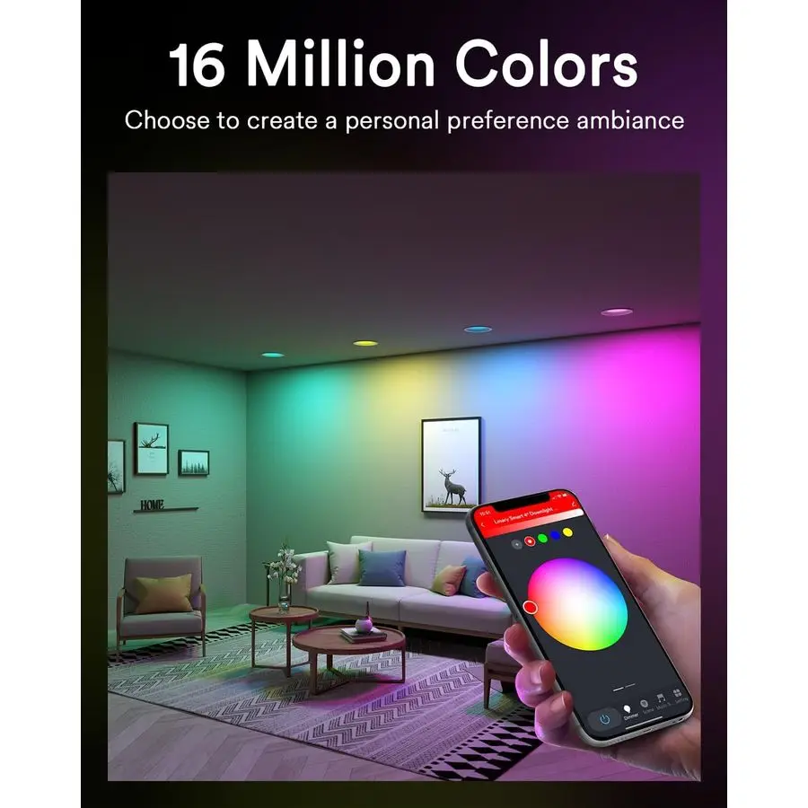 إضاءة LED ذكية تعمل بالواي فاي مقاس 6 بوصات مع جهاز تحكم عن بعد، مصابيح سقف RGBWW Canless مع حواف معدنية مضادة للوهج JBox، متوافقة