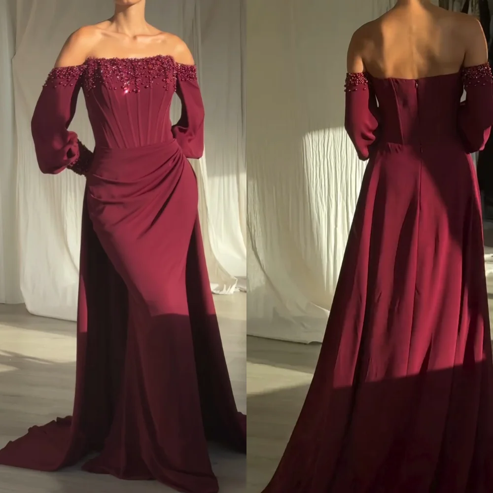 

Customized Jersey Pleat Beading Off-the-shoulder Floor-length Bespoke Occasion Women's Evening High Quality Glitter Party Gown