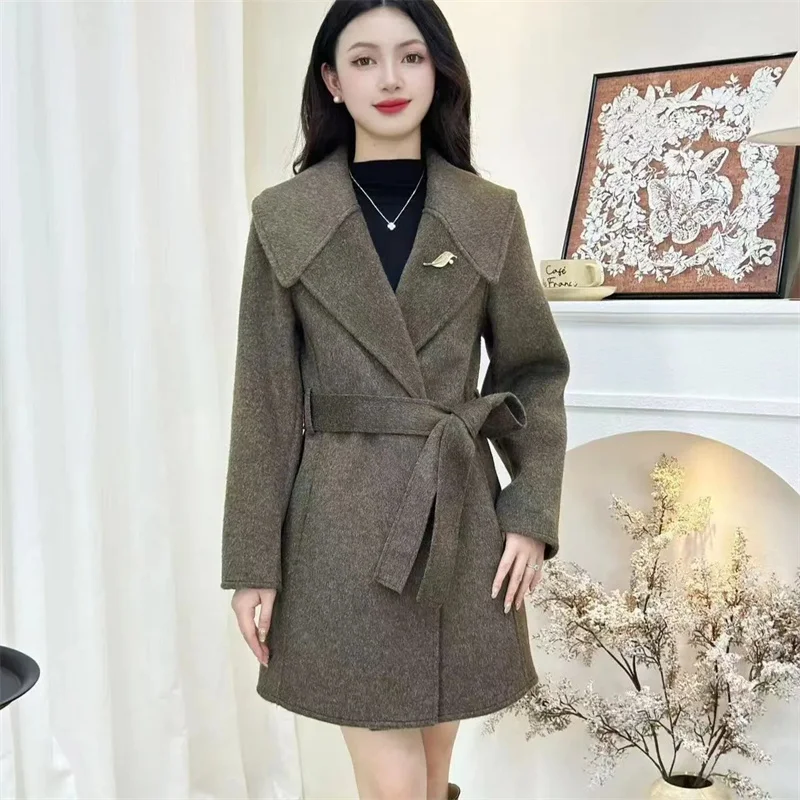 سترة صوفية عصرية للسيدات ذات وجهين للربيع والخريف بأكمام طويلة ملابس خارجية كورية للسيدات معطف متوسط الطول غير رسمي #3