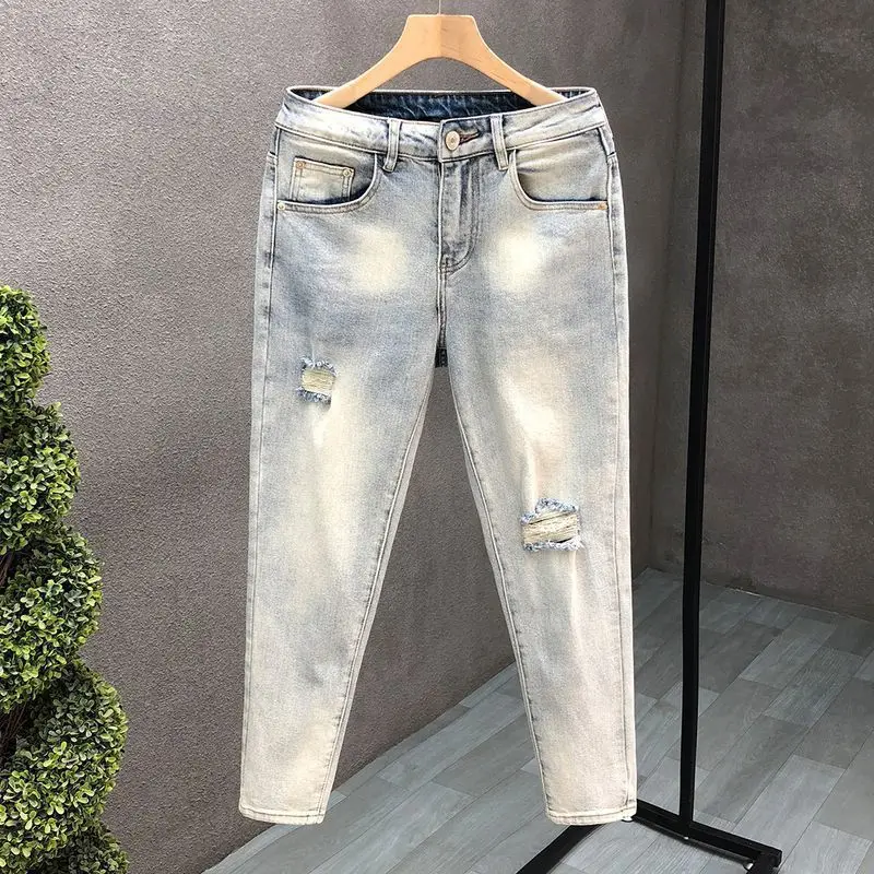 Spring and Autumn Ripped Jeans Men's Slim-fitting Small Feet Light-colored Summer Pants New Designer Kpop Men's Thin Trousers