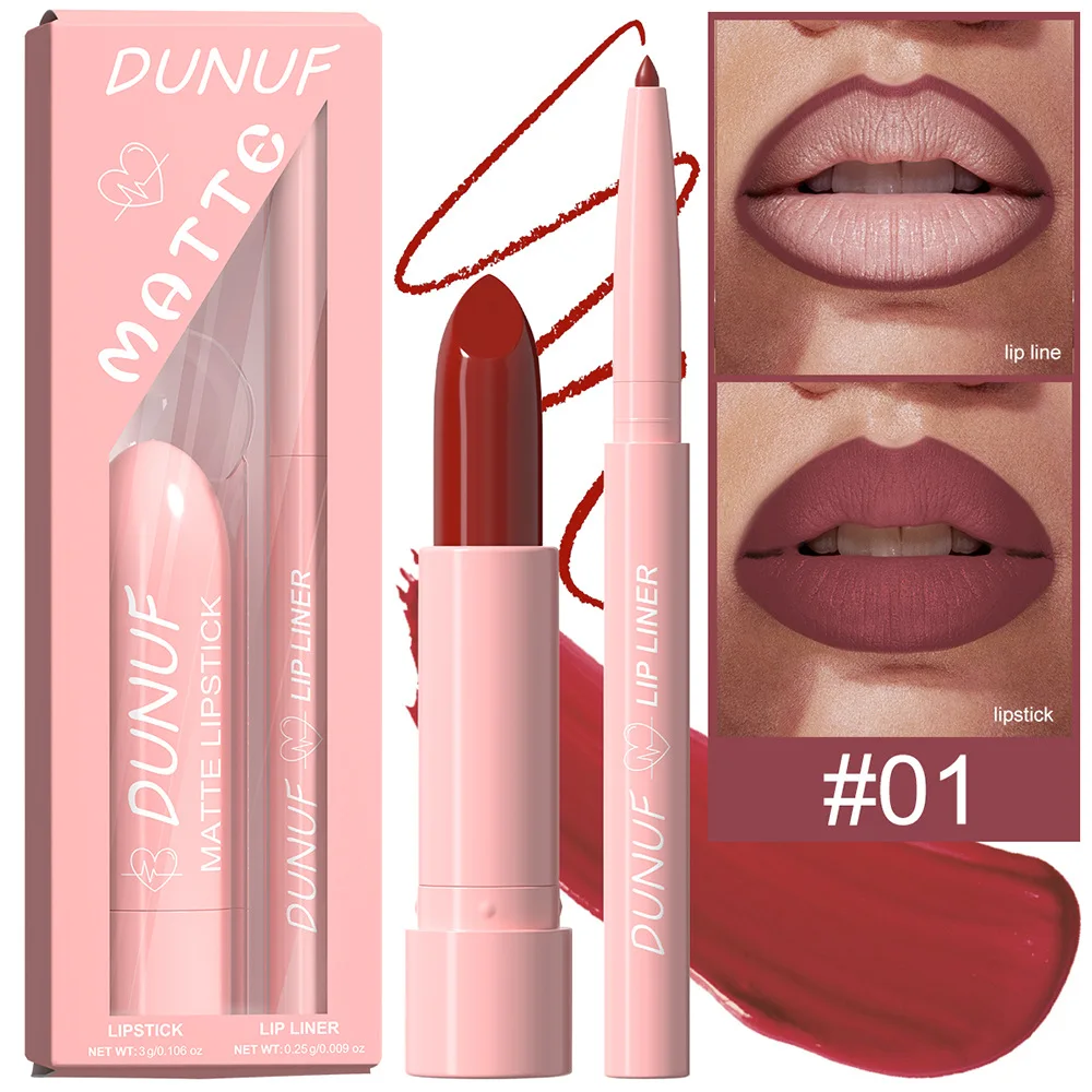 Zestaw 2 szt. matowych pomadek i konturówek do ust, wodoodporny, szybkoschnący, aksamitny wykończenie, trwały długotrwale, idealny na prezent dla kobiet, do codziennego użytku, kosmetyki.