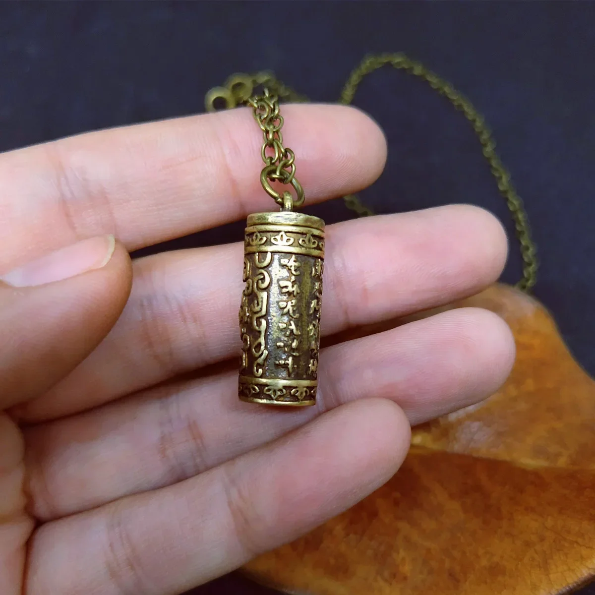 

Retro Brass Cremation Mini Urn Ashes Cylinder Vial Pendant Necklace Sanskrit Mantra Embossed Pendant Charm Memorial Jewelry