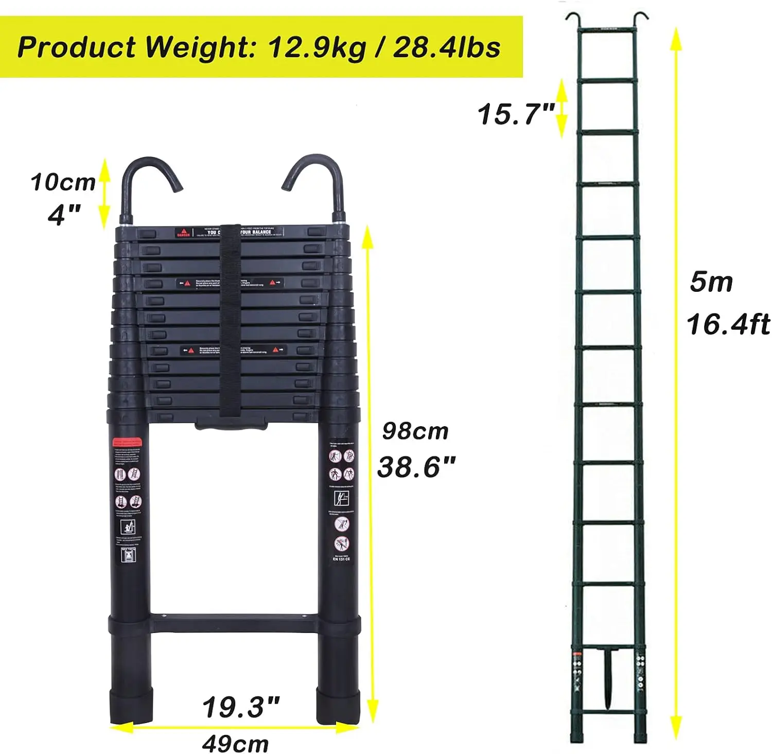 Telescoping Ladder 16.4FT Black Aluminum Step Portable Extension Folding Ladder Detachable Hooks Folded Height 3.2ft 330lbs Load