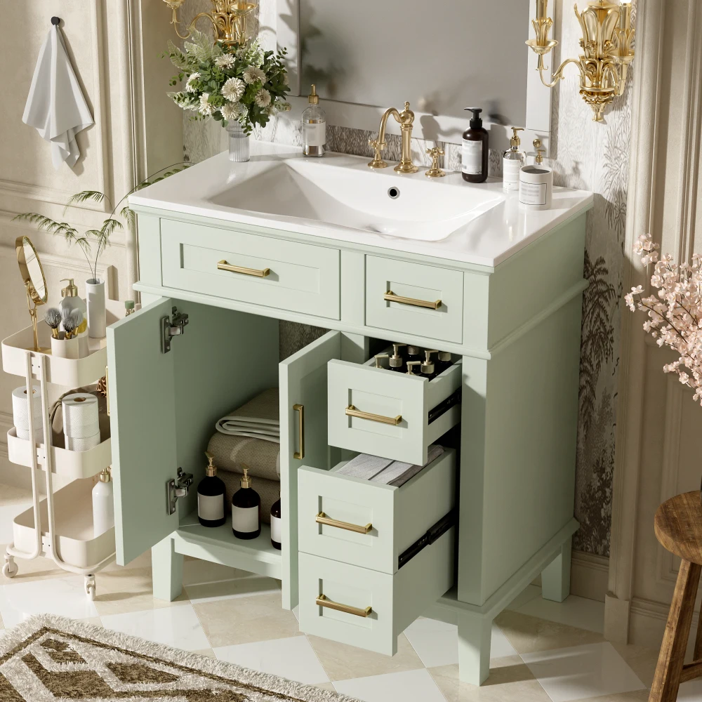 

30" Bathroom Vanity: Ceramic Sink, Modern Storage (Soft-Close, Deep/Std Drawers) for Small Baths