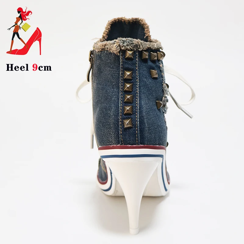 Denim Women Boots Design Stiletto 9CM High Heel Shoes Fashion Lady Lace up Pointed Ankle Boots Sexy High-heeled Thin Heel Shoes