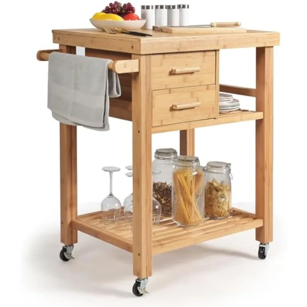 

Kitchen Island, Rolling Butcher Block Kitchen Cart on Wheels, Bamboo Kitchen Trolley with Drawers, Shelves, Towel Rack, Small Ki