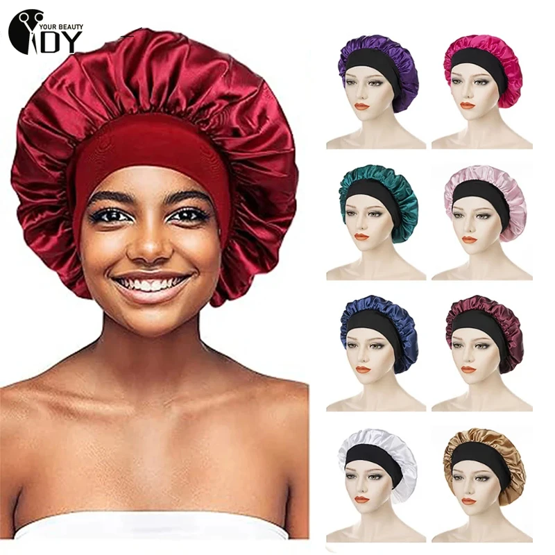 

Solid Satin Bonnet Hair Styling Cap Long Hair Care Women Night Sleep Hat Silk Head Wrap Shower Cap Hair Styling Tool Hair Bonnet