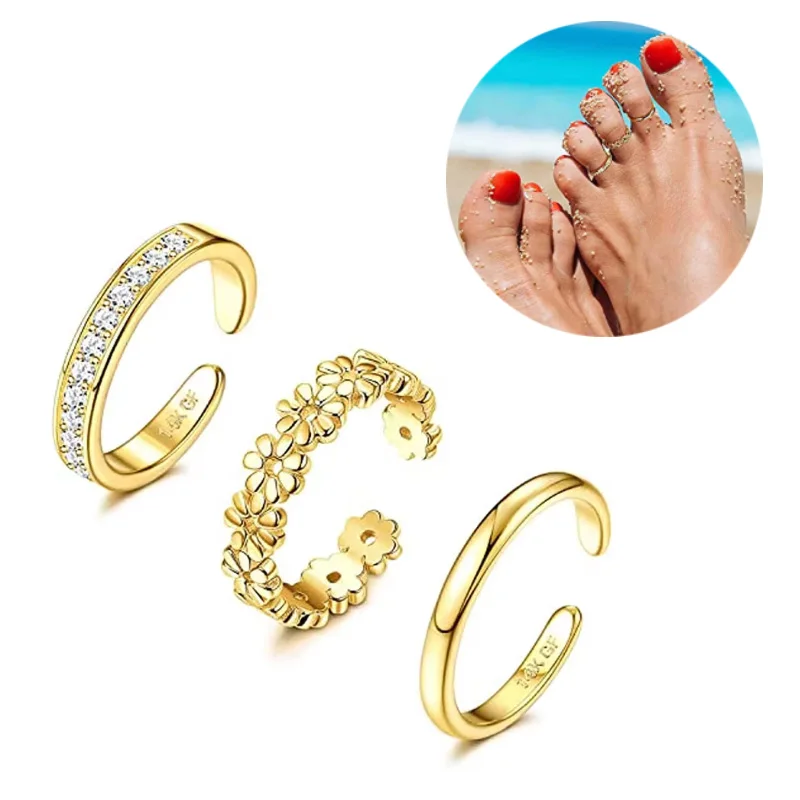 3pcs Gold Plated Micro Inlaid Zircon Toe Rings Exquisite Accessories Women's Body Jewelry