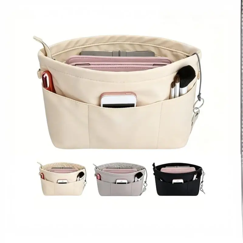 Vintage Kosmetik-Organizer-Einsatztasche mit Reißverschluss, mehrere Taschen, einfarbig, multifunktionale Tasche für Damen – Detail 1