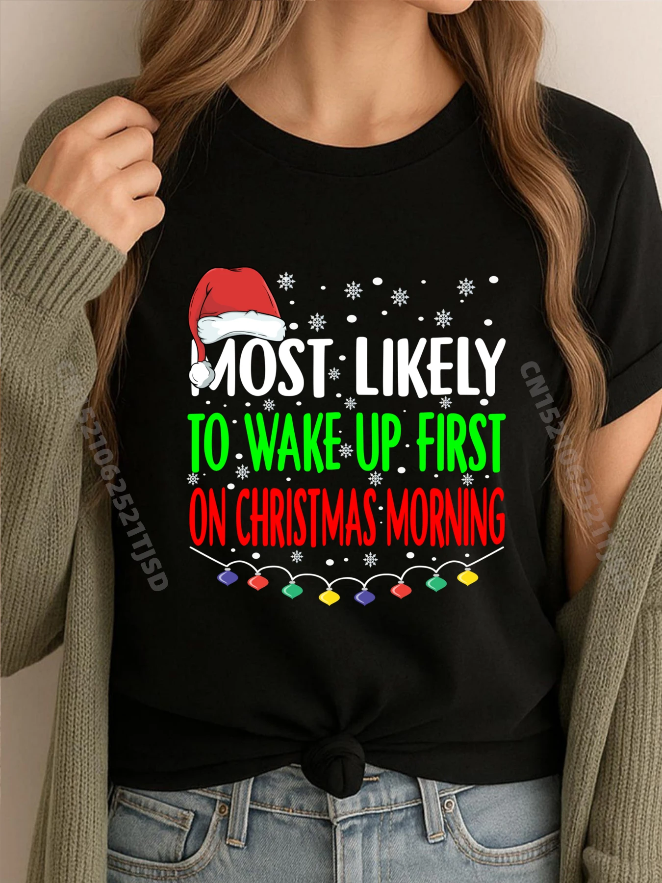 

Most Likely To Wake Up First On Christmas Morning Xmas Light Mens Shirts Graphic Tee Mens Cotton Comfort Cotton T-Shirt
