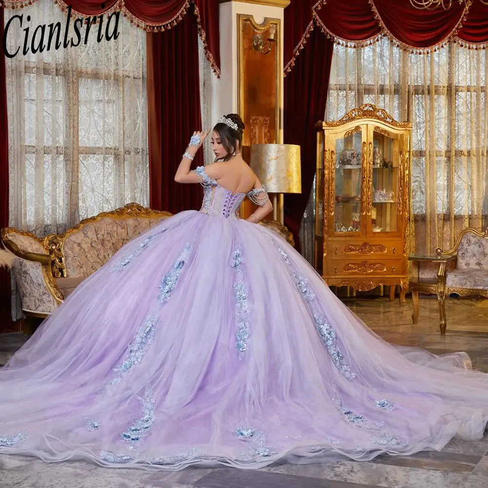 

Сиреневые бисерные кристаллы с 3D цветами, платья Quinceanera, бальное платье, иллюзия, аппликации, кружево, сладкий 15, день рождения
