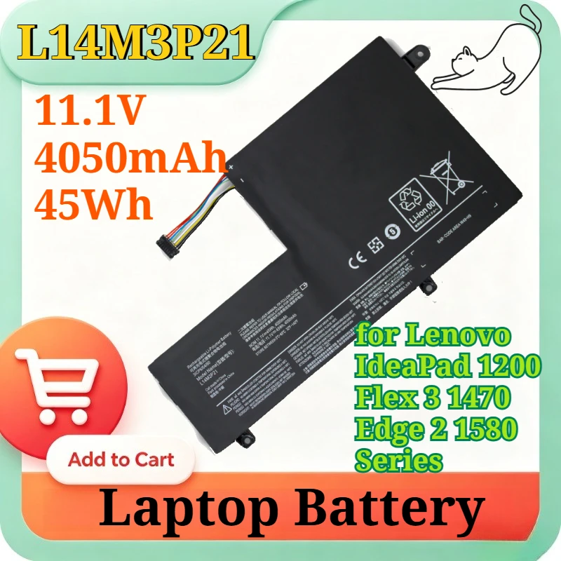 L14M3P21 11.1V 4050mAh 45Wh High Capacity Li-Polymer Replacement Laptop Battery for Lenovo IdeaPad 1200 Flex 3 1470 Edge 2 1580