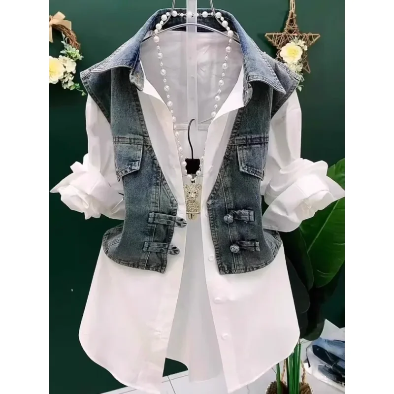 

Y2K Vintage Unique Spliced Shirt Jackets Denim POLO Neck Coat Women Fake Two-piece Set America Casual Sweet Women Striped Blouse