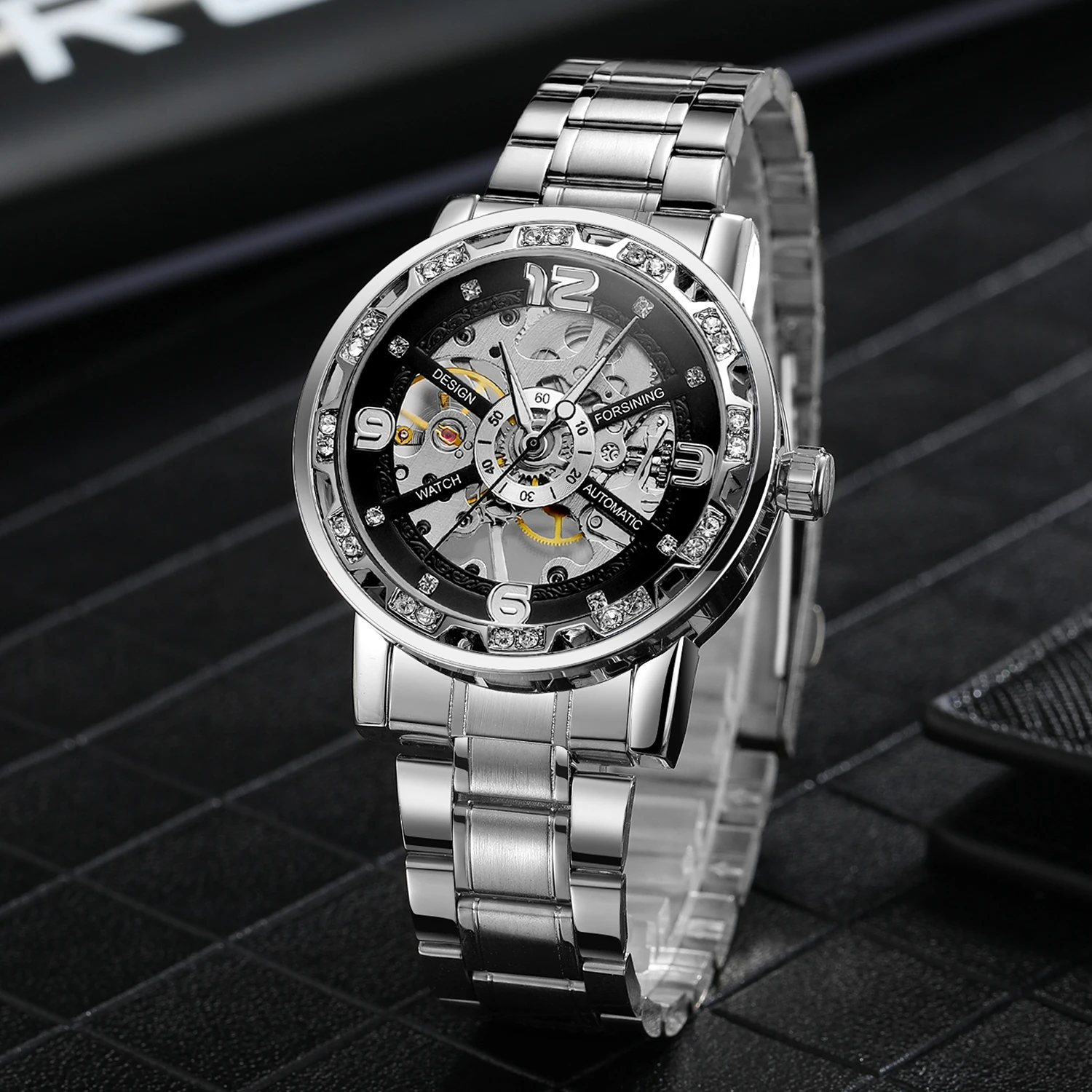 FORSINING Klassische Business Herrenuhren Skeleton Mechanische Strass Leuchtzeiger Stahl Luxus Gravur Mann Armbanduhren